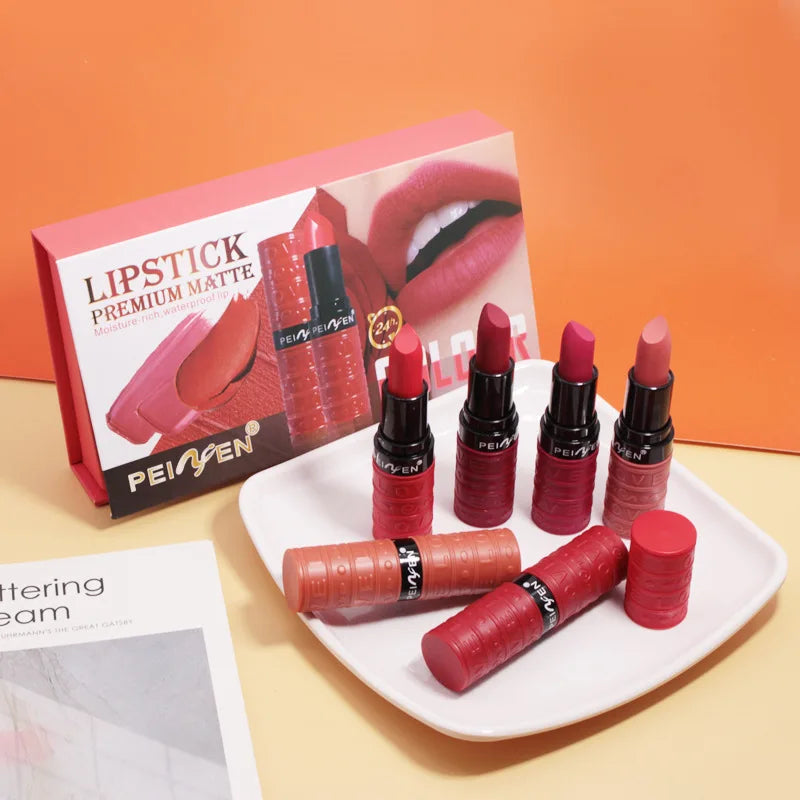 6-Piece Matte Lipstick Set – Waterproof & Cup-Proof Lip Color Matte Lipstick Set QXL