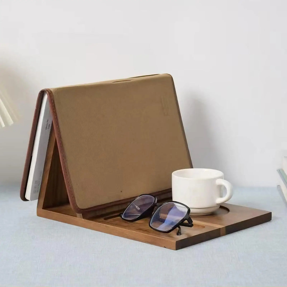 Wooden Book Stand with Drink Holder & Phone Slot | Triangle Wooden Book Stand QXL