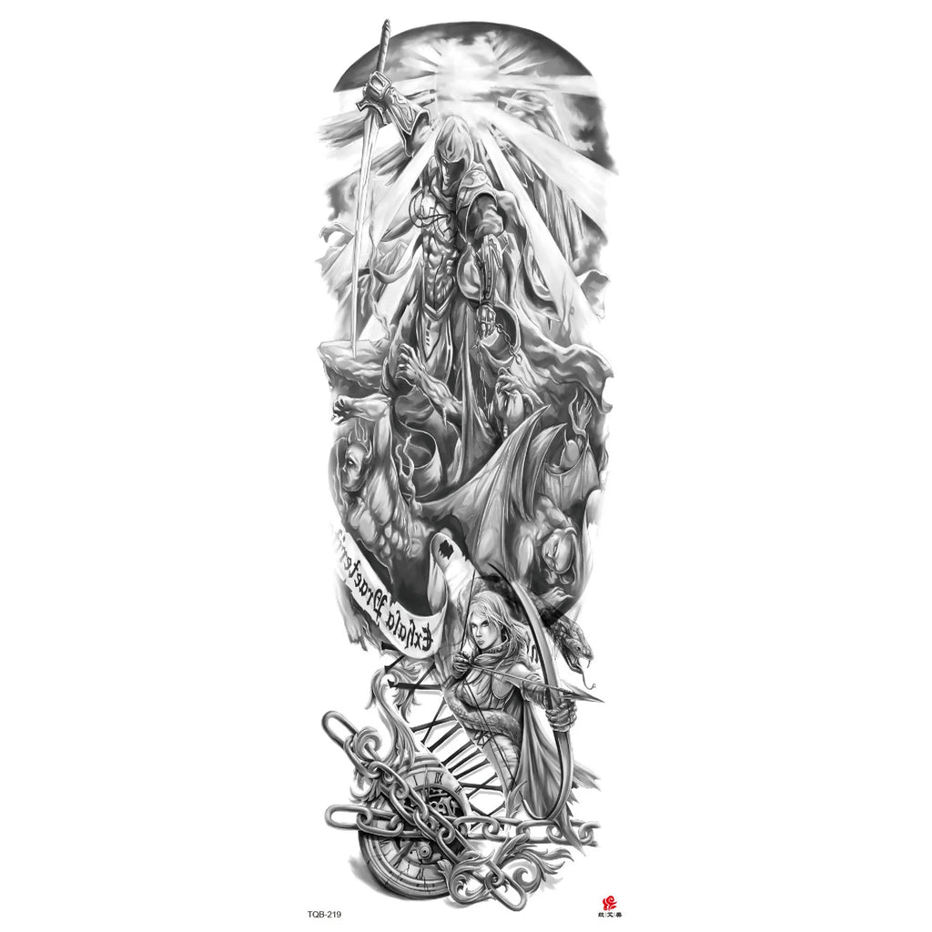 Full-Arm Black & White Sketch Temporary Tattoo Stickers