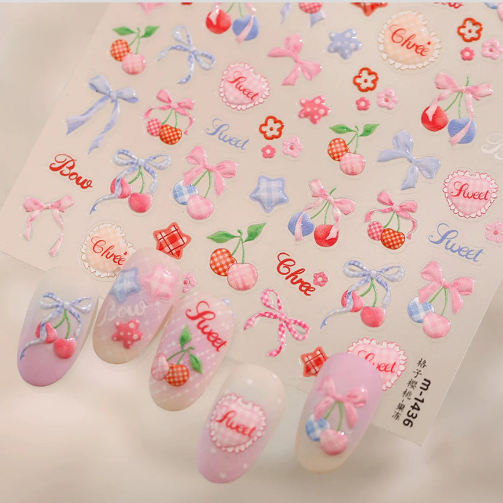 5D Retro French Nail Art Stickers – Cherry, Bow & Lace Decals Nail Art Stickers QXL