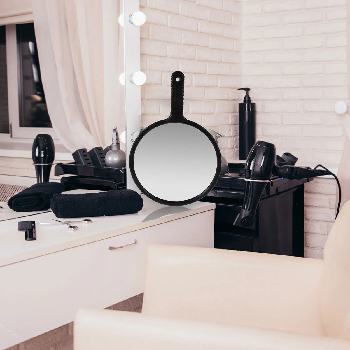 Large Round Salon Hand Mirror with Handle | Barber & Hair Salon Hand Mirror QXL
