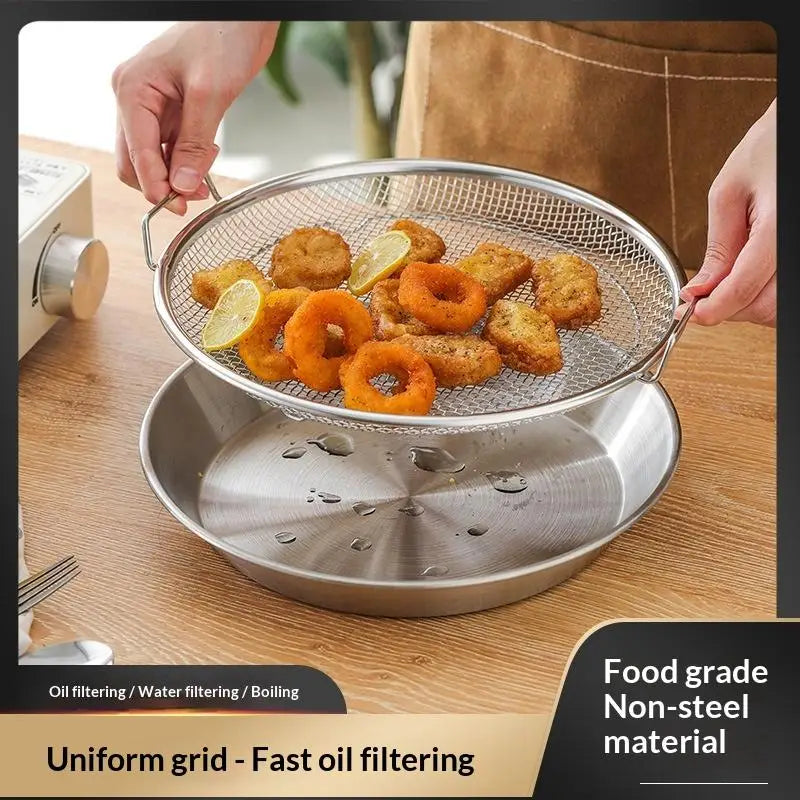 Stainless Steel Mesh Frying Basket & Oil Strainer Tray Set Mesh Frying Basket QXL