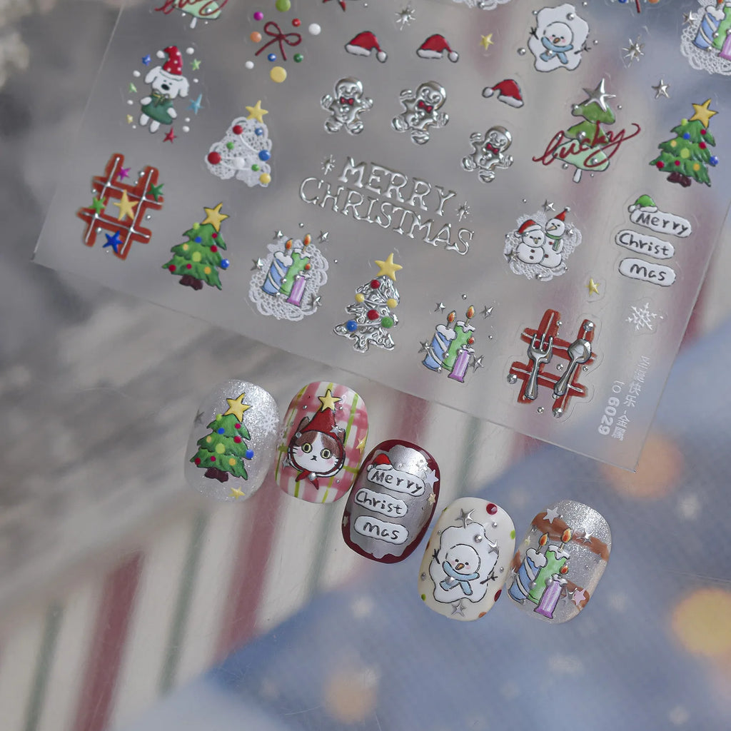 5D Christmas Nail Stickers | Snowman, Cat & Xmas Tree Decals Nail Stickers QXL