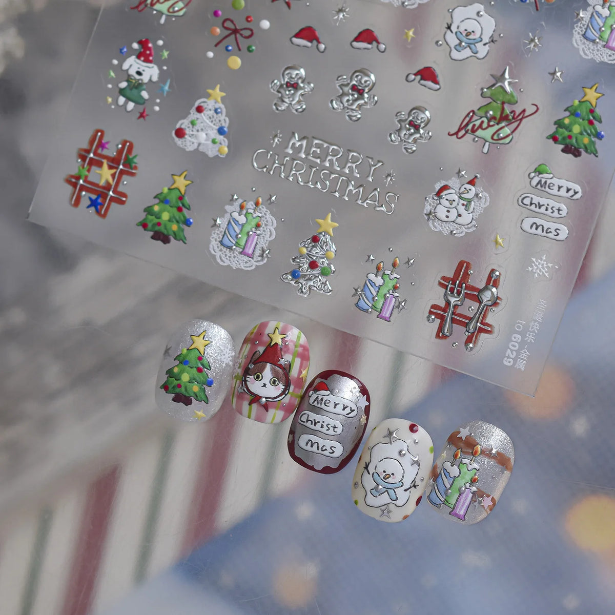 5D Christmas Nail Stickers | Snowman, Cat & Xmas Tree Decals Nail Stickers QXL