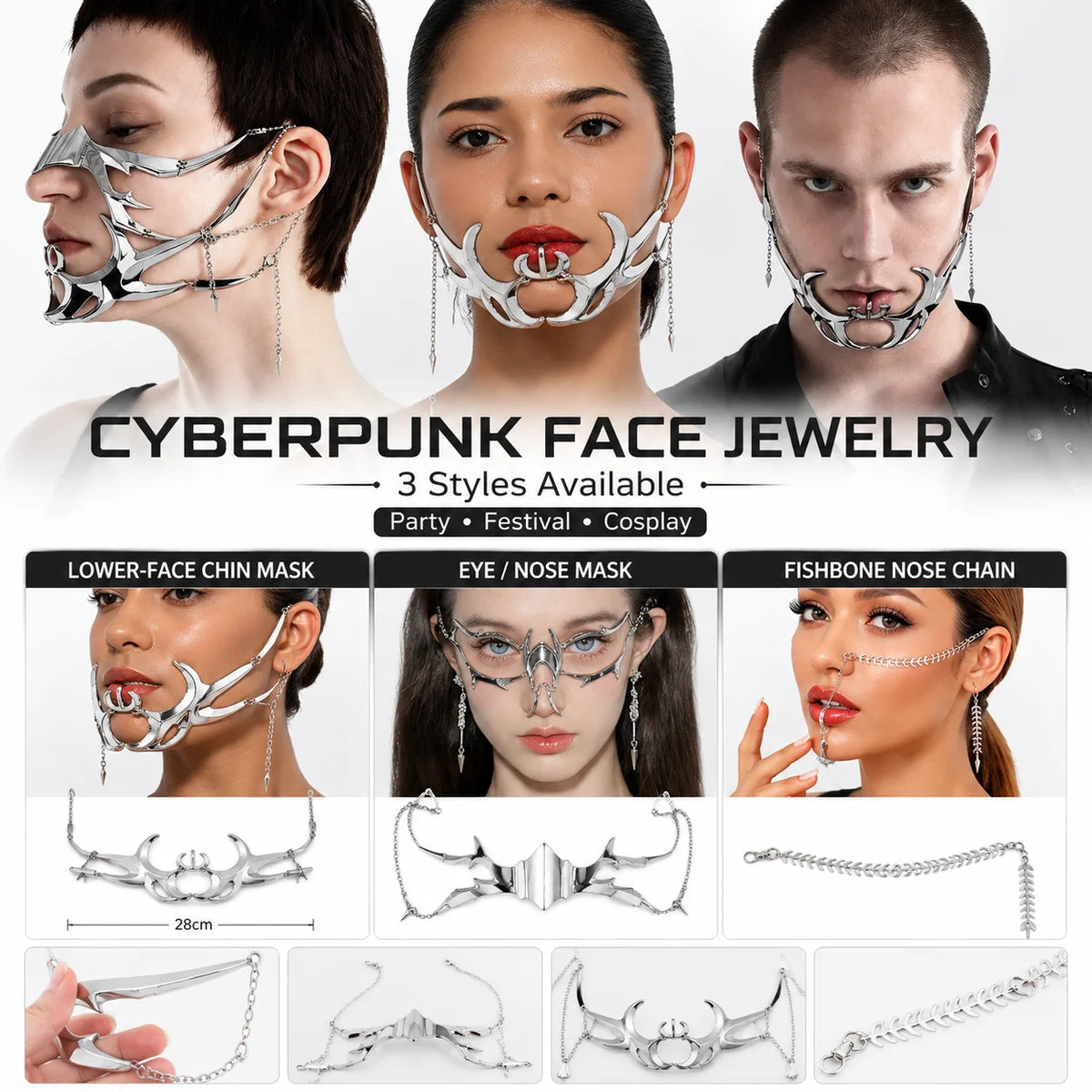 Gothic Cyberpunk Silver Hollow Face Jewelry | Festival Cosplay Cyberpunk Face Jewelry QXL