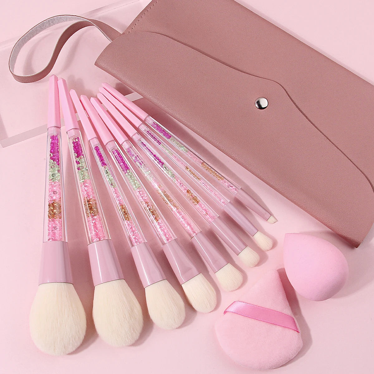 11-Pc Pink Glitter Makeup Brush Set | Crystal Handle & Bag Makeup Brush Set QXL