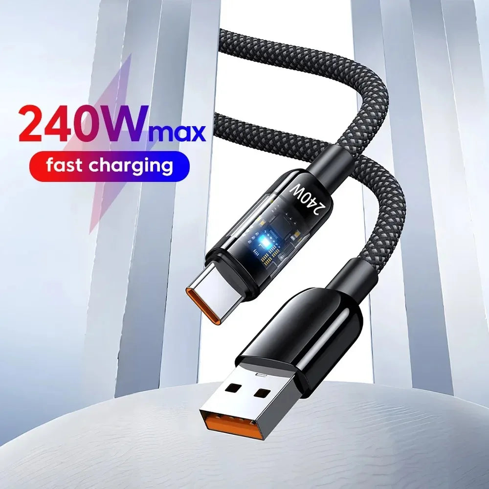 240W USB-C Nylon Braided Fast Charge Cable | LED Display USB-C Charging Cable QXL
