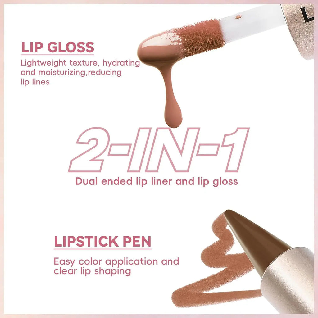 2-in-1 Matte Lip Liner & Gloss Pen | Waterproof, 8 Shades Lip Liner & Gloss QXL