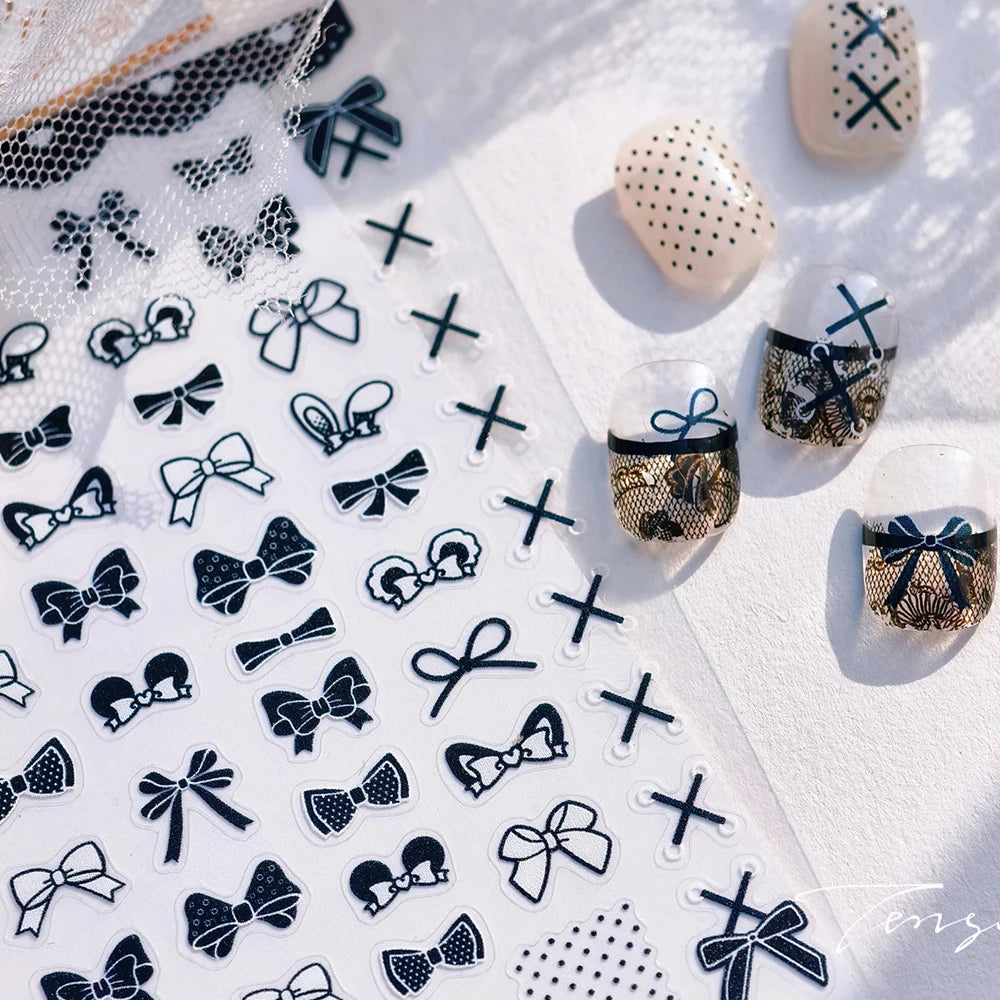 Kawaii Bowknot 5D Nail Art Stickers | Black & White Ribbon Decals Nail Art Stickers QXL