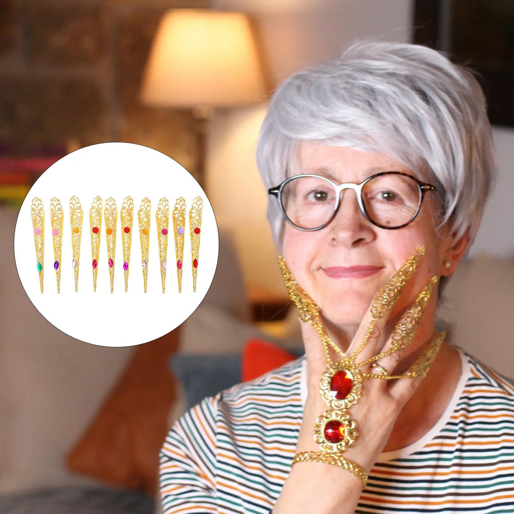 10-Pack Gold Rhinestone Fingertip Nail Rings | Cosplay Dance Costume Nail Rings QXL Default Title