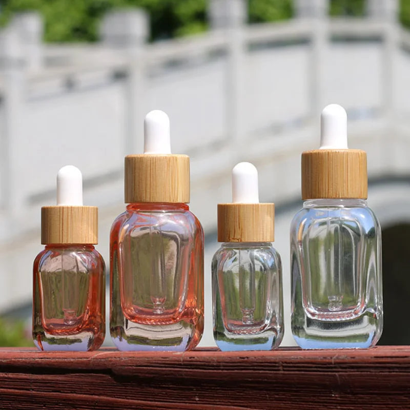 Pink Square Glass Dropper Bottle 10ml 30ml | Bamboo Cap Serum Glass Dropper Bottle QXL