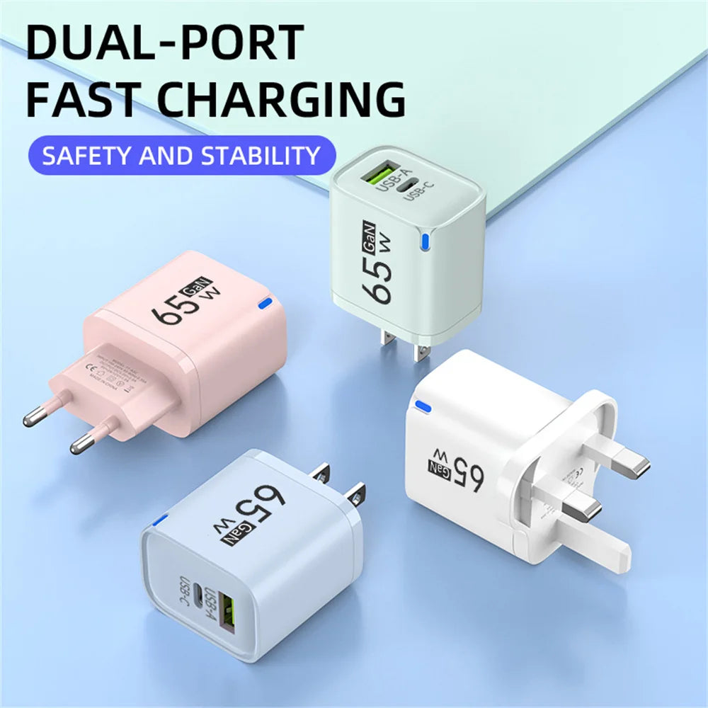 65W GaN Fast Charger USB-C PD QC 3.0 Dual Port Wall Adapter GaN Wall Charger QXL