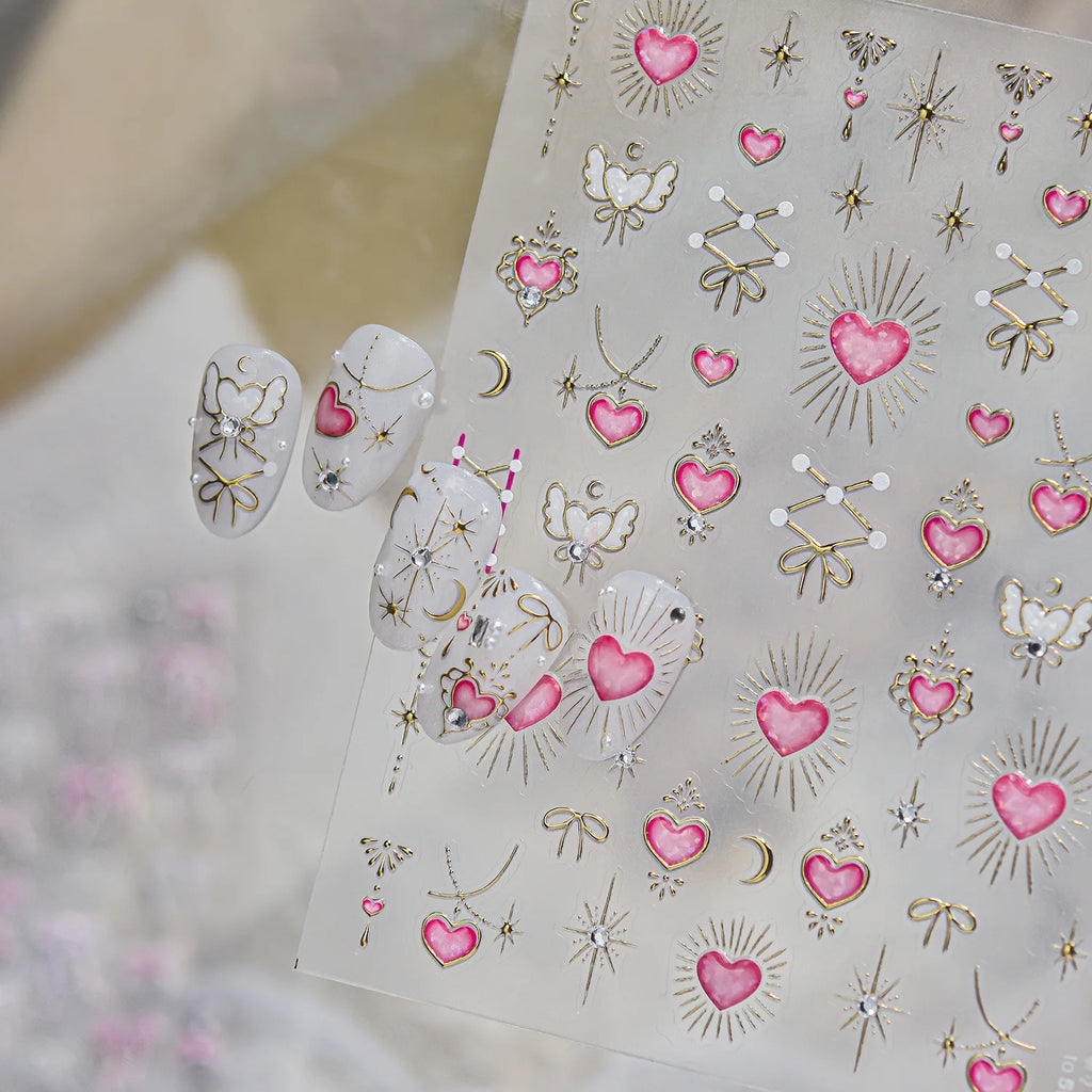 5D Nail Stickers – Pink Heart Angel Wing French Decals Nail Art Stickers QXL