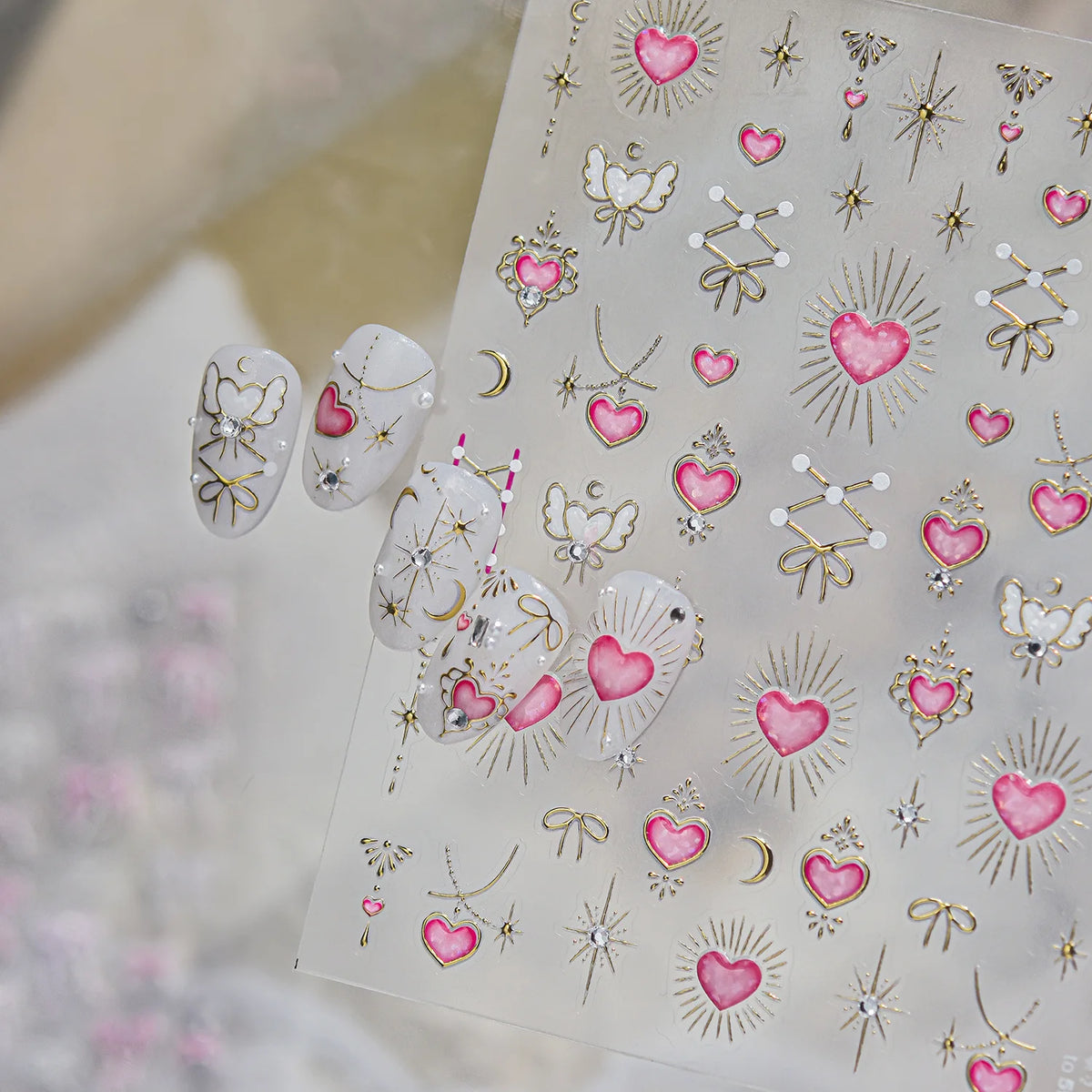 5D Nail Stickers – Pink Heart Angel Wing French Decals Nail Art Stickers QXL