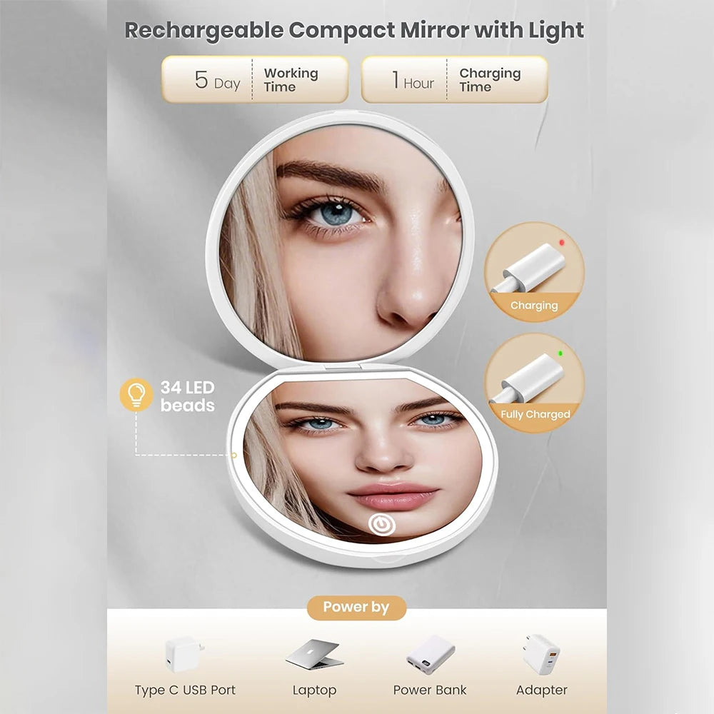 Travel Makeup Mirror with Lights – 1X/20X Magnifying, Rechargeable Lighted Makeup Mirror QXL