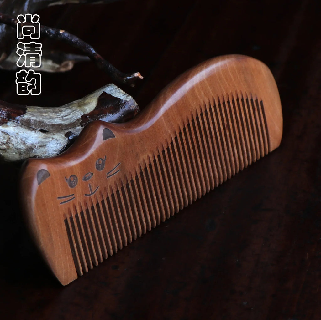 Peach Wood Cat Shape Comb | Anti-Static Scalp Massage Wooden Hair Comb QXL
