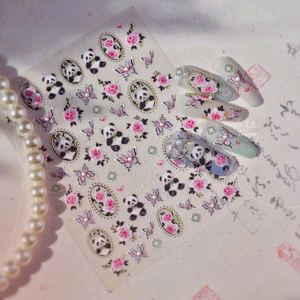 5D Panda Peony Butterfly Nail Art Stickers | Kawaii Decals Nail Art Stickers QXL