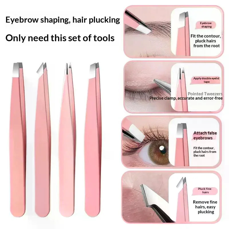 4-Pc Colorful Stainless Steel Tweezer Set with Storage Bag Eyebrow Tweezer Set QXL