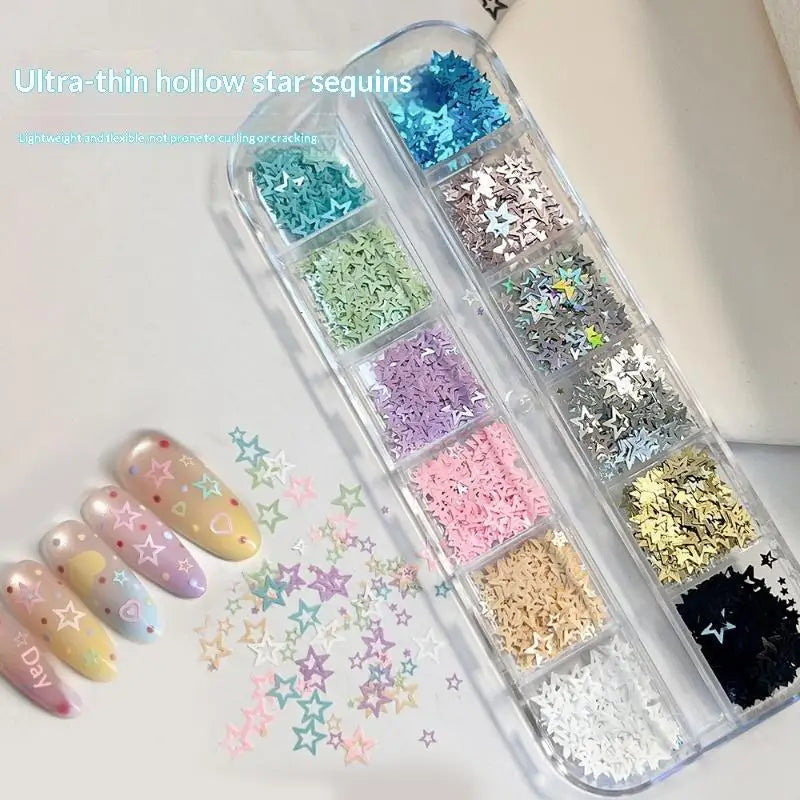 12-Grid Hollow Star Nail Glitter Sequins | DIY Nail Art Set Nail Art Sequins QXL