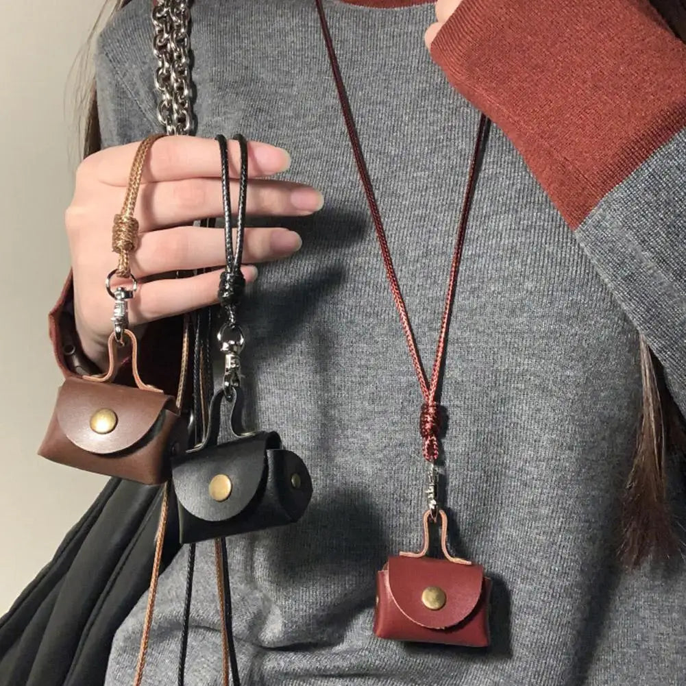 Vintage Mini Leather Coin Purse Pendant Necklace Adjustable Pendant Necklace QXL