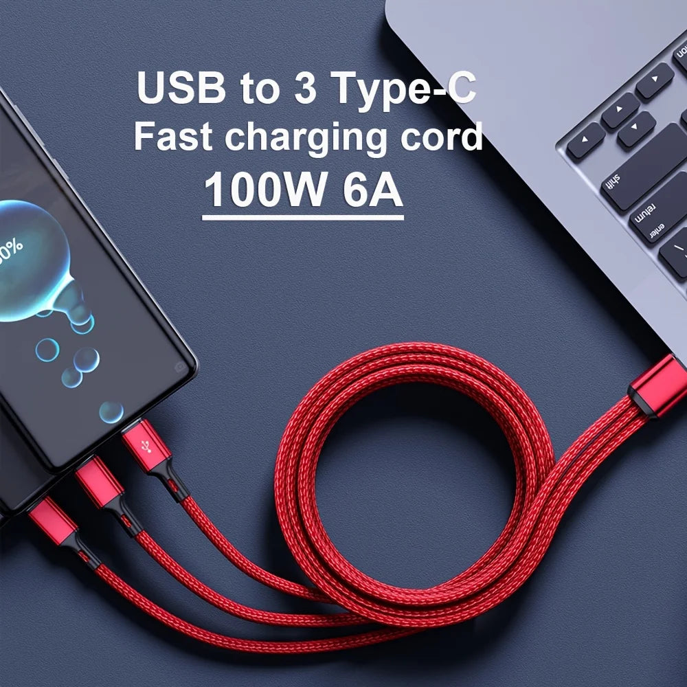 3-in-1 USB-A to USB-C Cable 100W 6A Fast Charging & Data Sync USB-C Charging Cable QXL