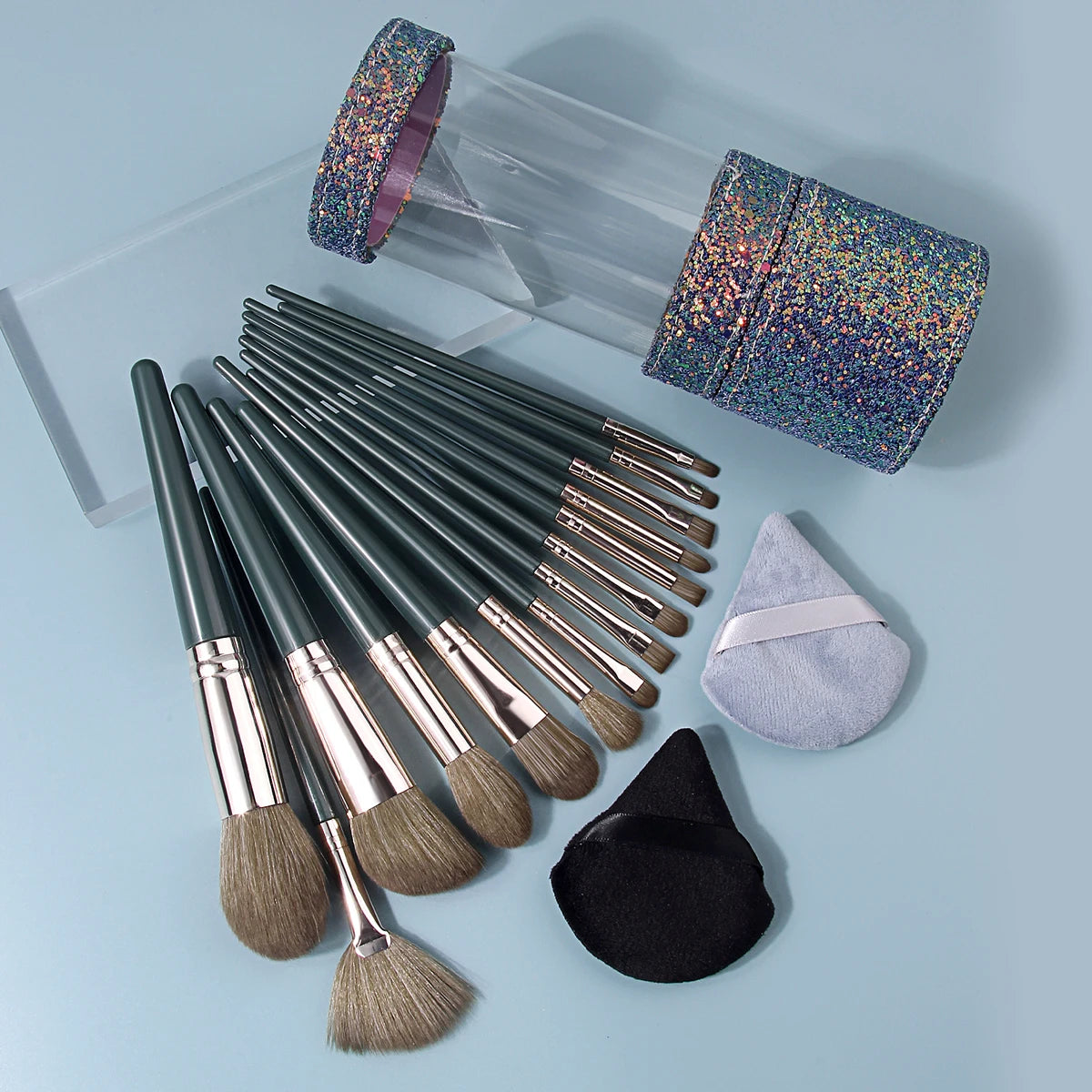 KOSSHOW 17-Pc Dark Green Makeup Brush Set & Glitter Case Makeup Brush Set QXL
