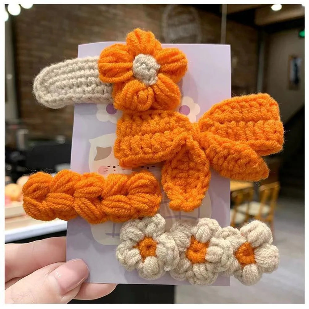 4-Pack Kids Knit Flower Bow BB Hair Clips | Festive Barrettes Kids Hair Clips QXL 4Pcs-Orange