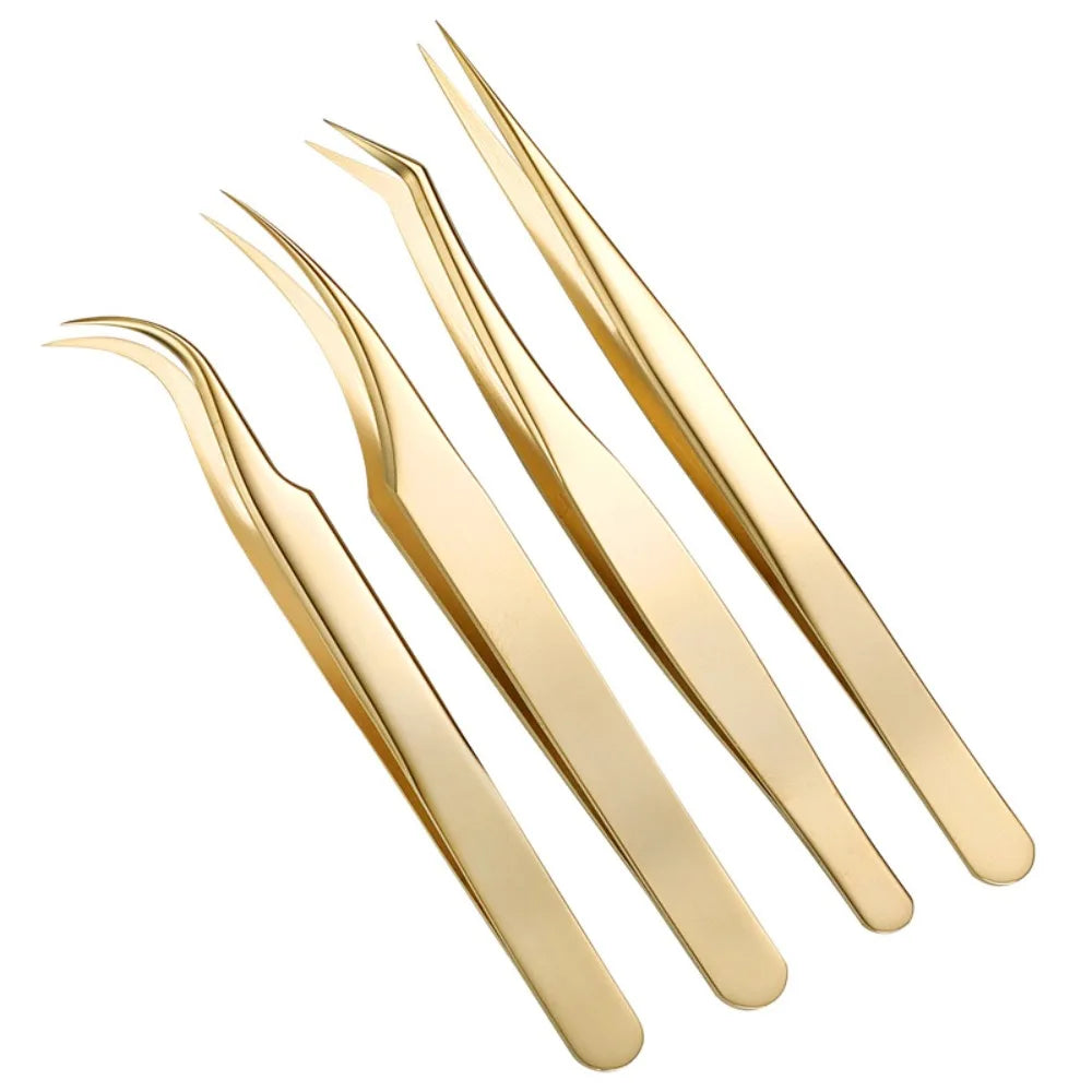 Gold Stainless Steel Lash Extension Tweezers – Curved & Straight Lash Extension Tweezers QXL