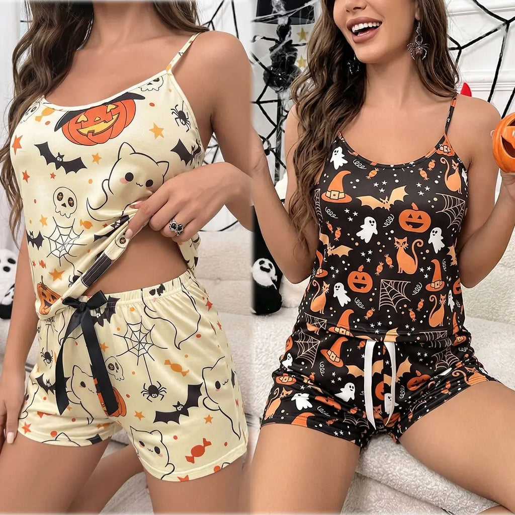 Women's Halloween Pumpkin Ghost Cami Pajama Set – 2-Pc Shorts Pajama Set QXL