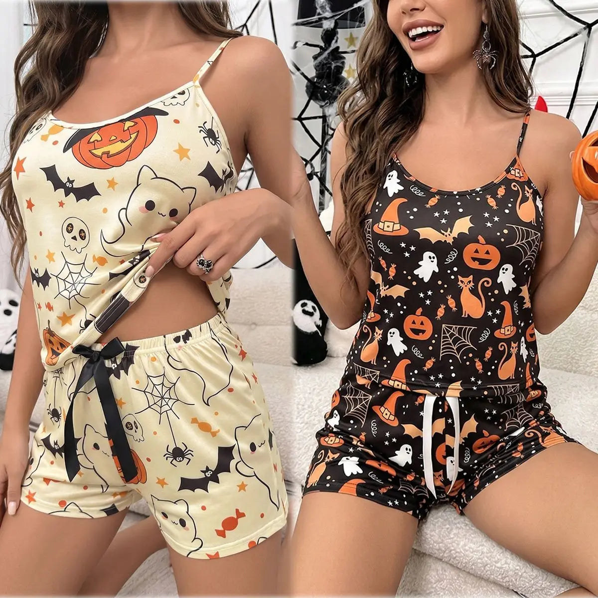 Women's Halloween Pumpkin Ghost Cami Pajama Set – 2-Pc Shorts Pajama Set QXL