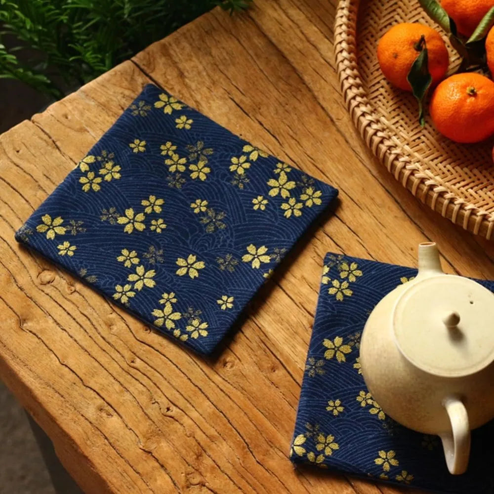 Blue Sakura Quilting Fabric 1 Yard | Gold Cherry Blossom Print Quilting Fabric QXL