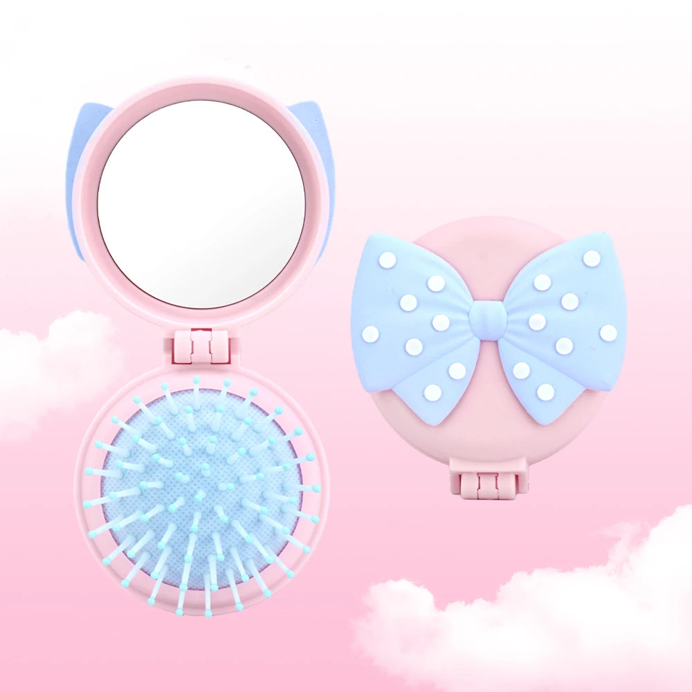 Mini Foldable Air Cushion Hair Brush with Mirror – Cute Bow Foldable Hair Brush QXL BD174-pink