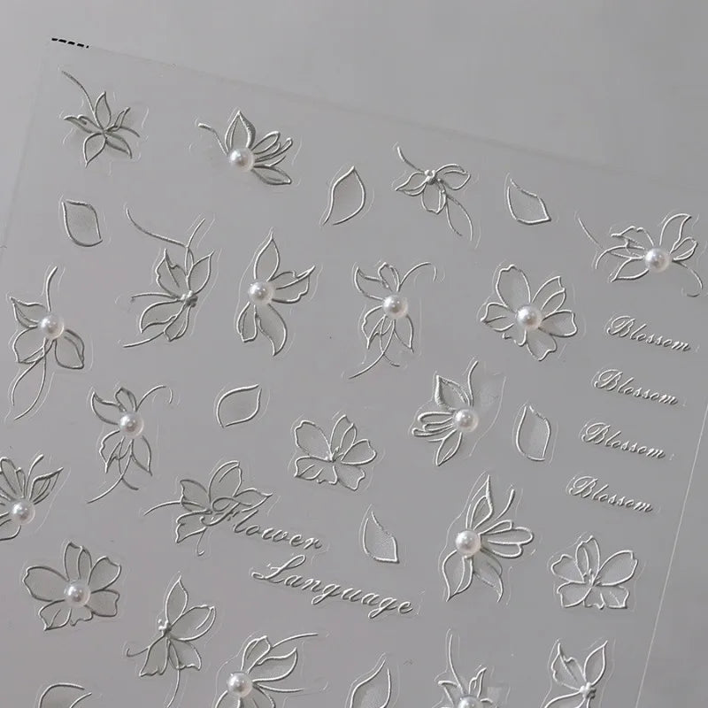 White Lace Pearl Nail Stickers | French Floral Decals 1 Sheet Nail Art Stickers QXL