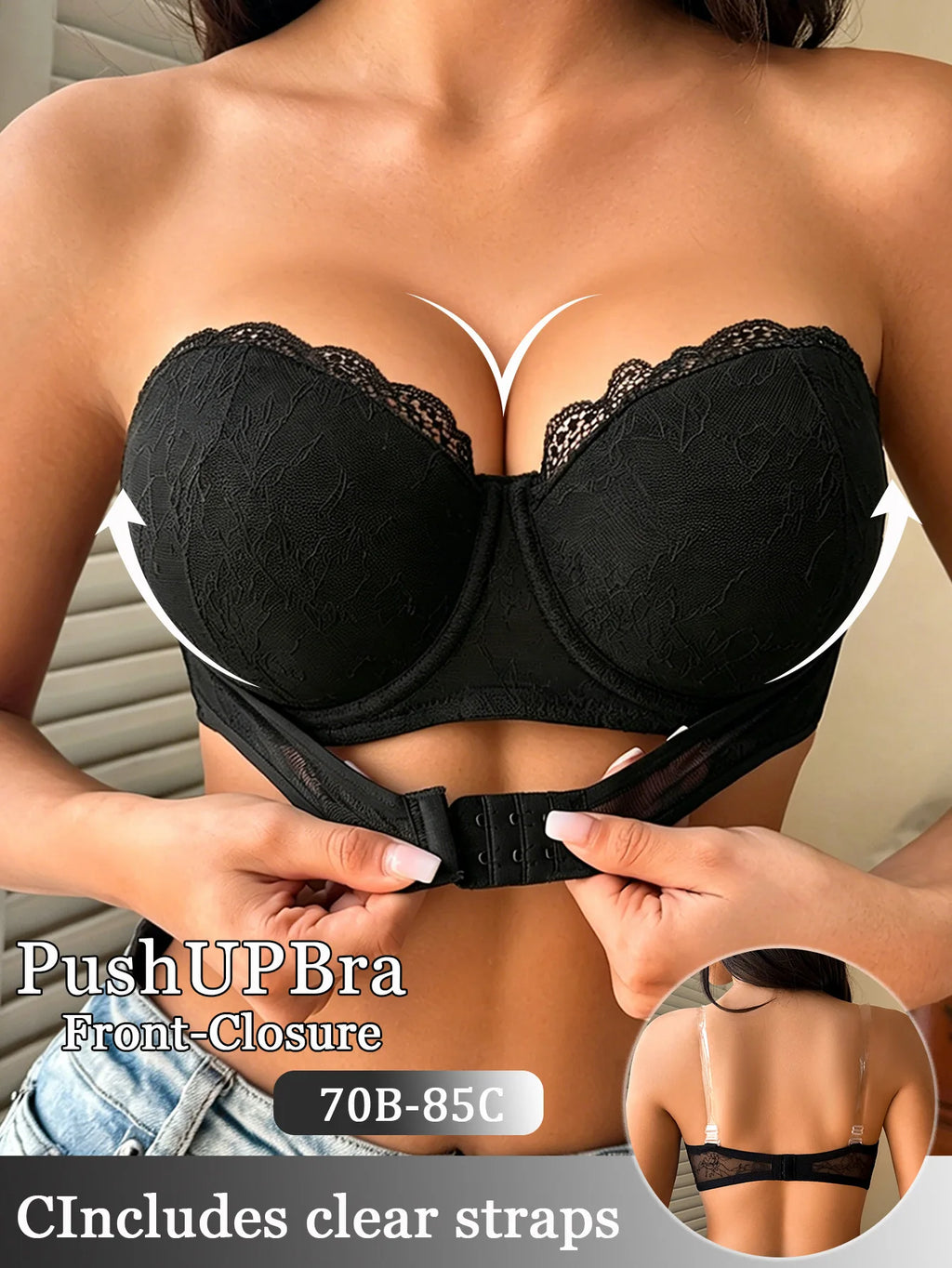 Women's Strapless Push-Up Bra | Front Closure Lace Underwire Strapless Push-Up Bra QXL