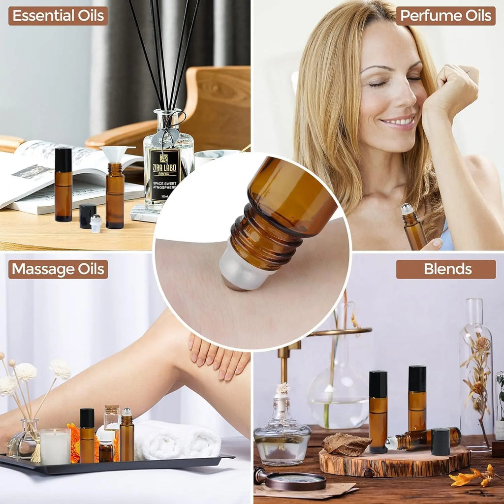 Amber Glass Roller Bottles 10ml | Essential Oils & Perfume 4/8 Pack Glass Roller Bottle QXL