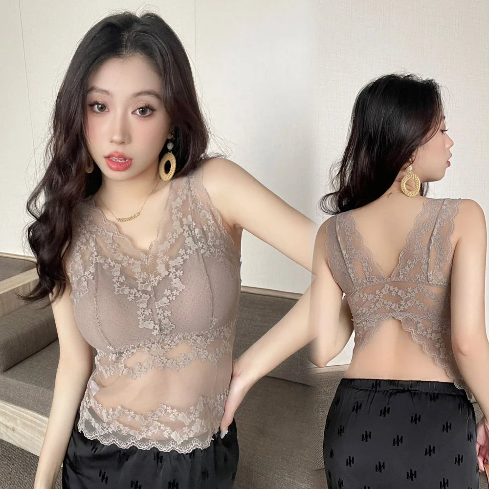 Women's Lace V-Neck Camisole Top with Built-In Bra Pads Lace Camisole Top QXL