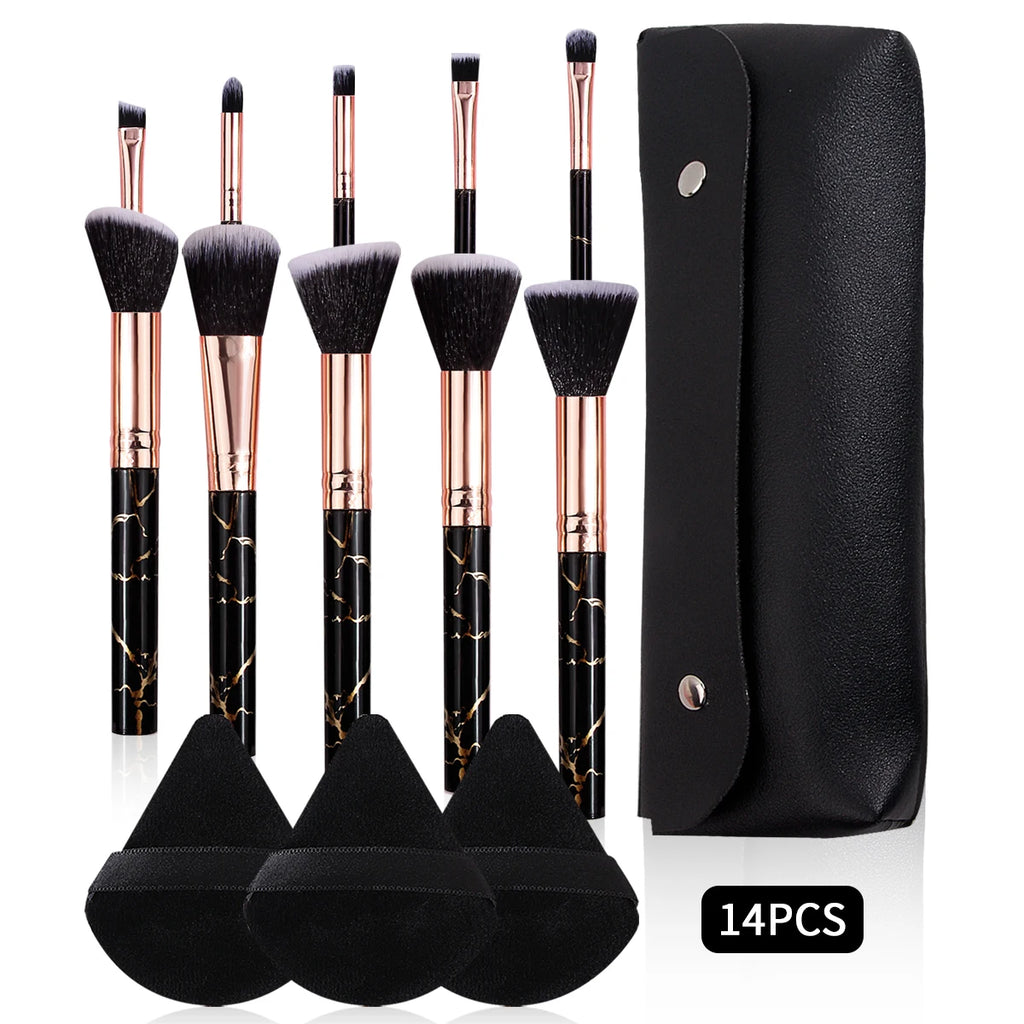 14-Pc Marble Makeup Brush Set with Powder Puff & Storage Bag Makeup Brush Set QXL