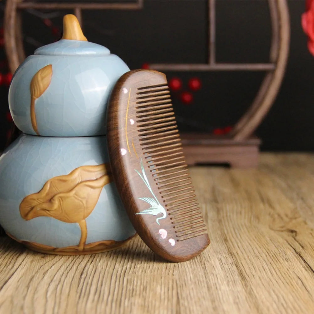 Sandalwood Hair Comb | Plum Blossom Gold Engraved Gift Wooden Hair Comb QXL F
