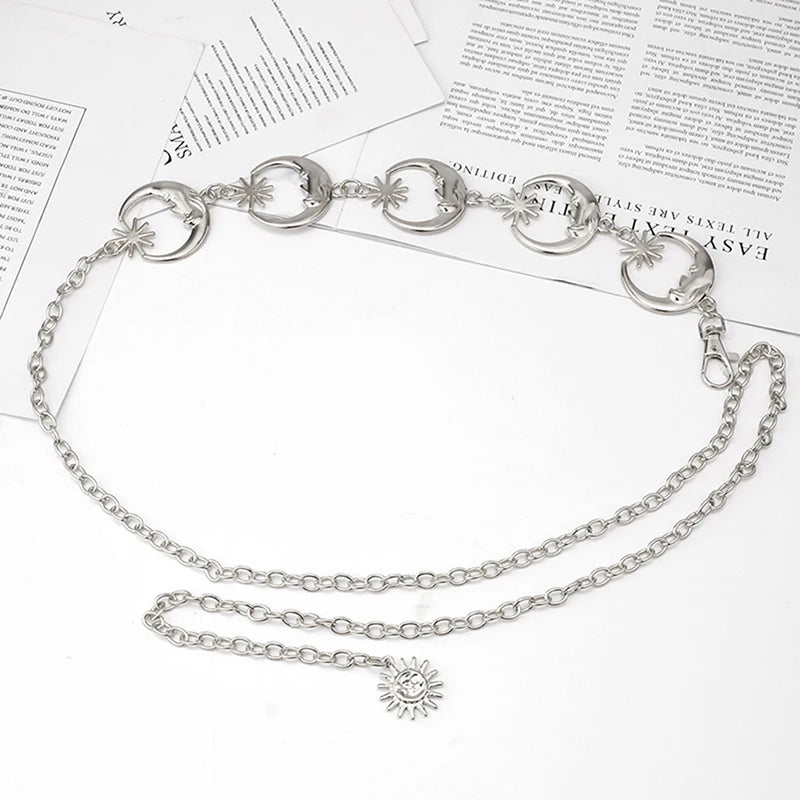 Punk Gothic Moon Sun Metal Waist Chain Belt | Women Silver Metal Waist Chain Belt QXL silver