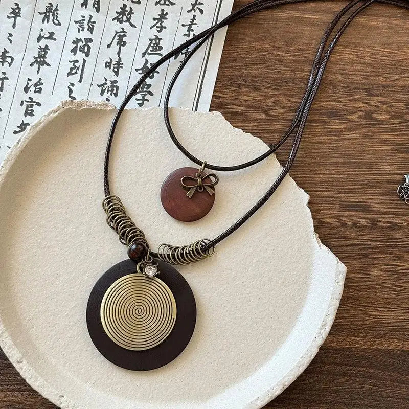 Vintage Boho Layered Pendant Necklace | Antique Long Chain Pendant Necklace QXL