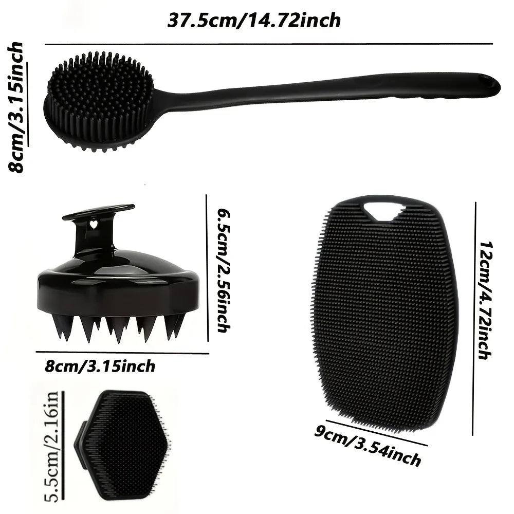 4-Piece Silicone Shower Brush Set | Back, Body, Face & Scalp Shower Brush Set QXL