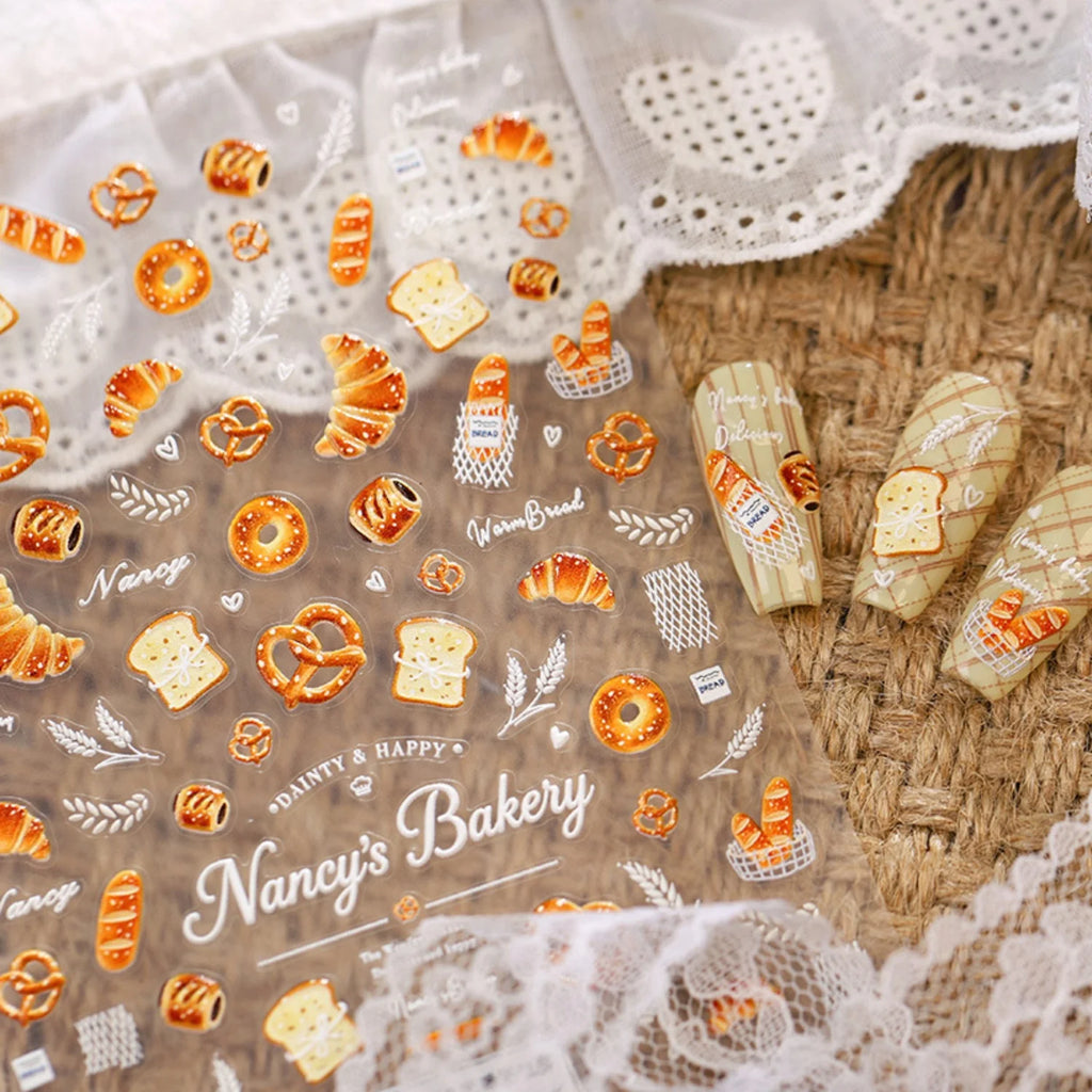 5D Embossed Bakery Nail Stickers | Croissant Food Decals Nail Art Stickers QXL