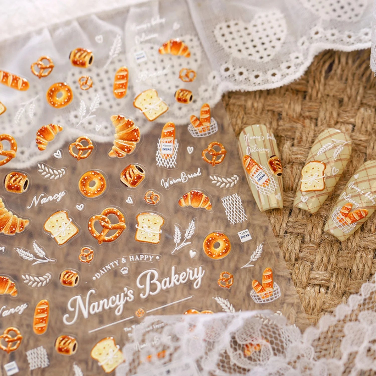 5D Embossed Bakery Nail Stickers | Croissant Food Decals Nail Art Stickers QXL