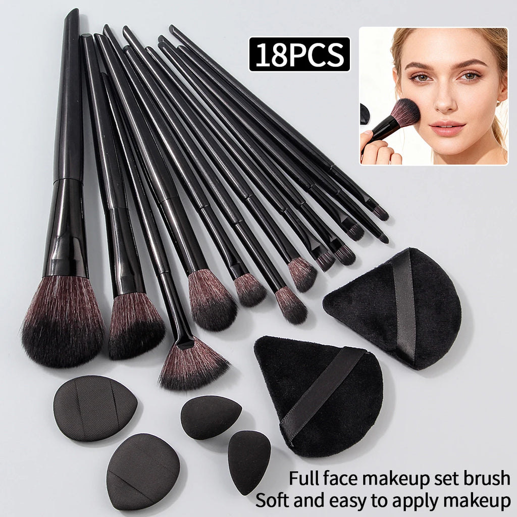 18-Piece Makeup Brush Set with Sponge & Powder Puff – Black Makeup Brush Set QXL
