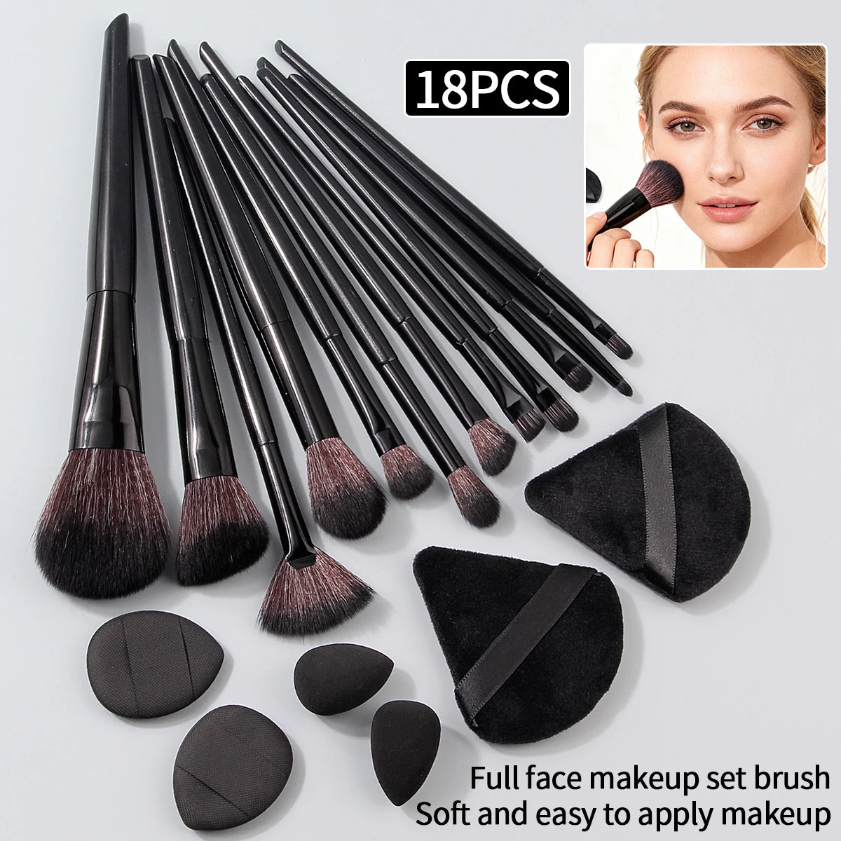 18-Piece Makeup Brush Set with Sponge & Powder Puff – Black Makeup Brush Set QXL