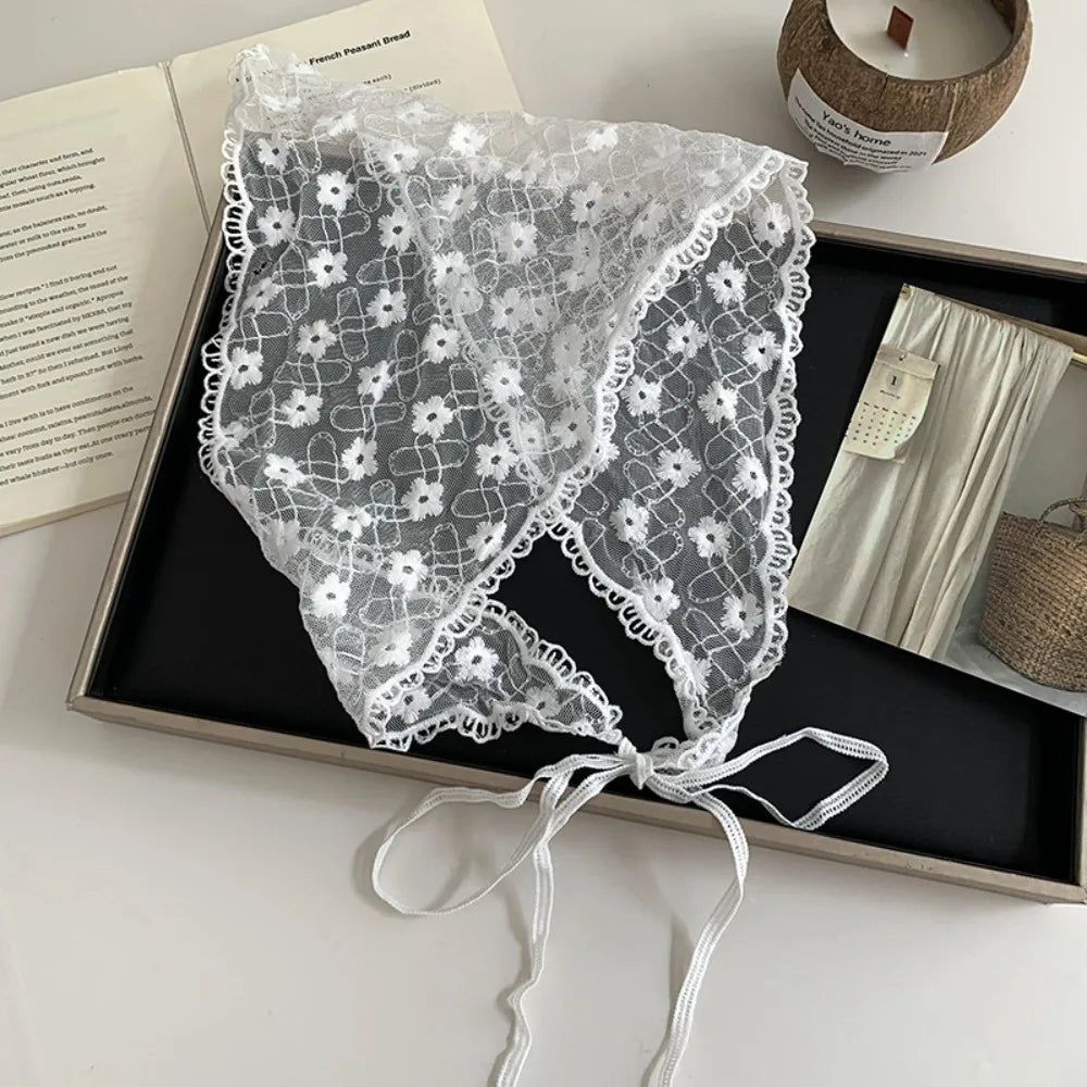 White Lace Triangle Hair Scarf | Floral Woven Headscarf Lace Hair Scarf QXL