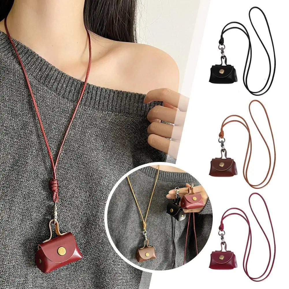 Vintage Mini Leather Coin Purse Pendant Necklace Adjustable Pendant Necklace QXL