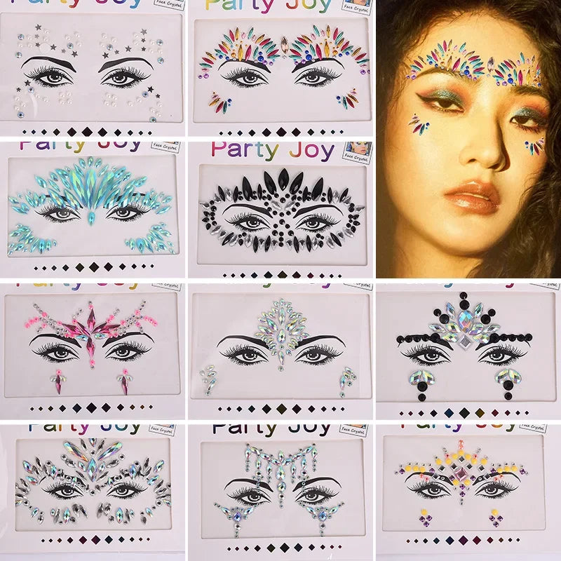 3D Face Jewels Rhinestone Temporary Tattoo Stickers | Party Gems Face Gem Stickers QXL