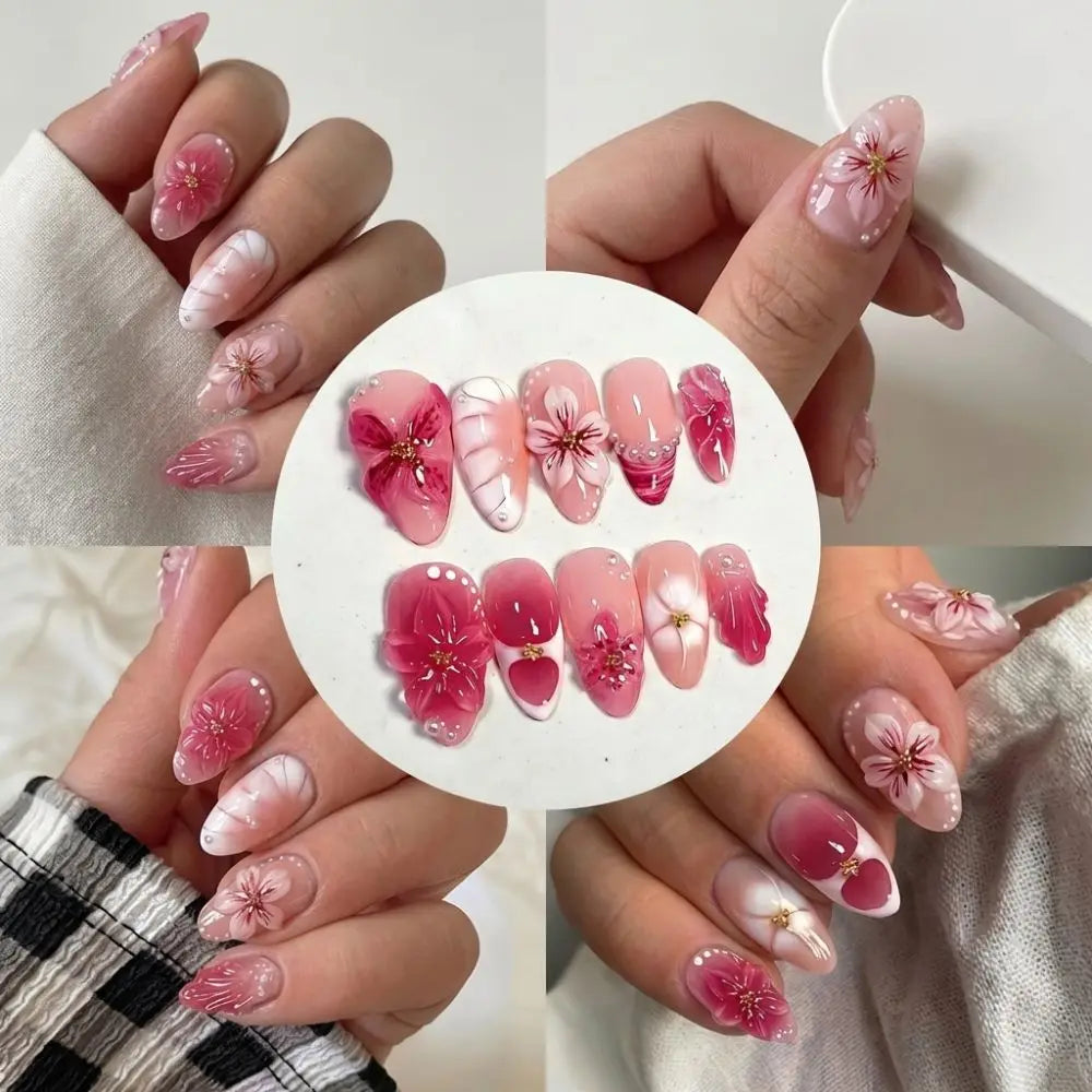 3D Flower Almond Press-On Nails | Gradient Pink Reusable Set Press-On Nail Set QXL