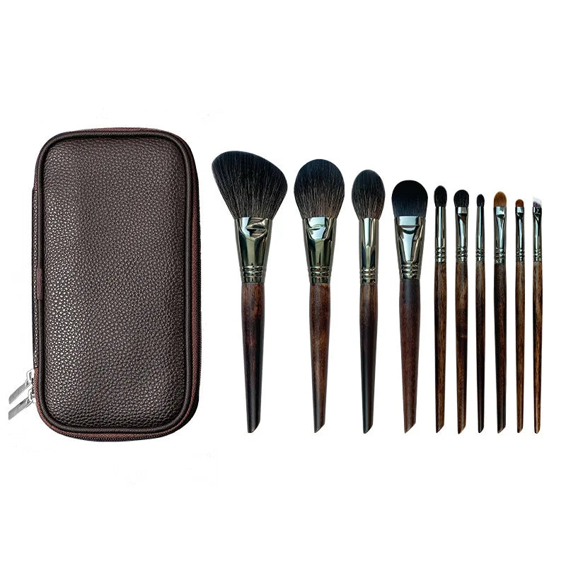 10-Piece Goat Hair Makeup Brush Set with Wool Sleeve Case Makeup Brush Set QXL 10 brushes and a bag